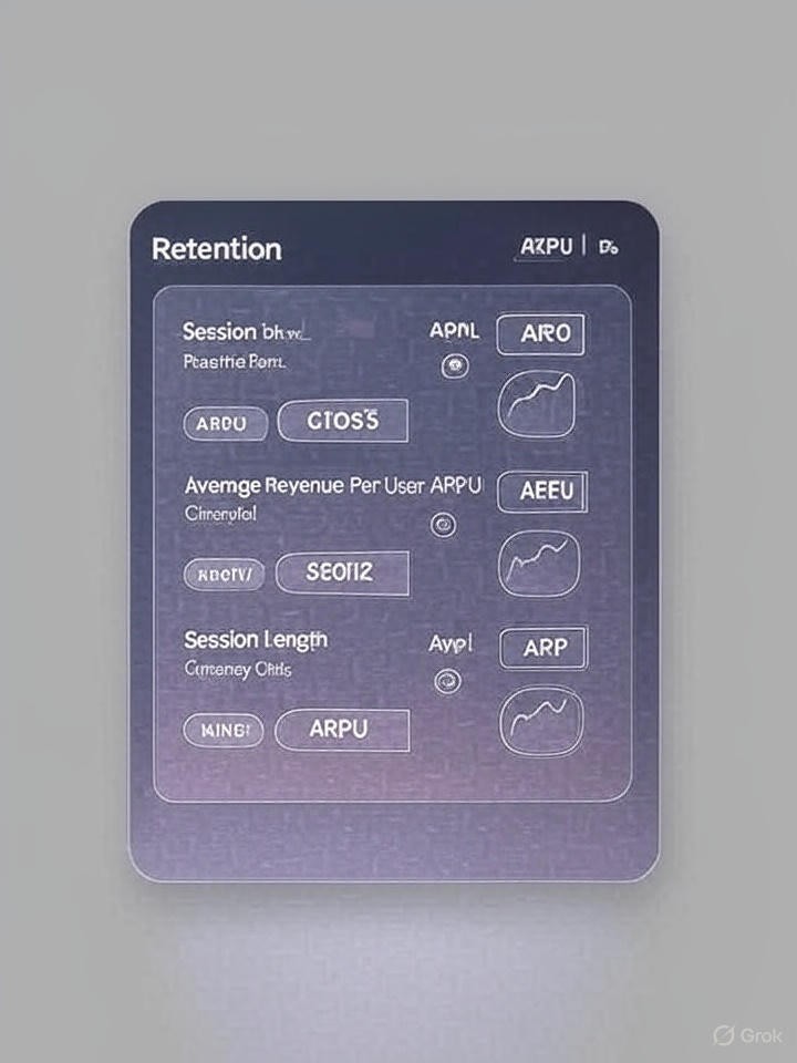 Дашборд с метриками мобильной игры: retention, ARPU, session length