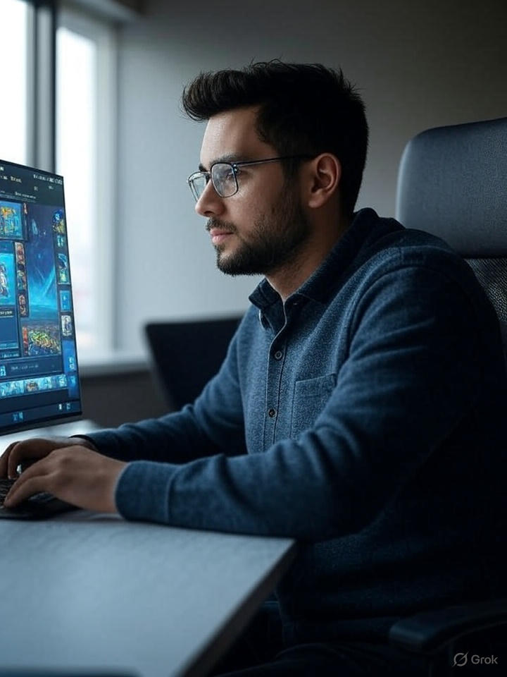 UX дизайнер работает над интерфейсом мобильной игры в офисе Алматы