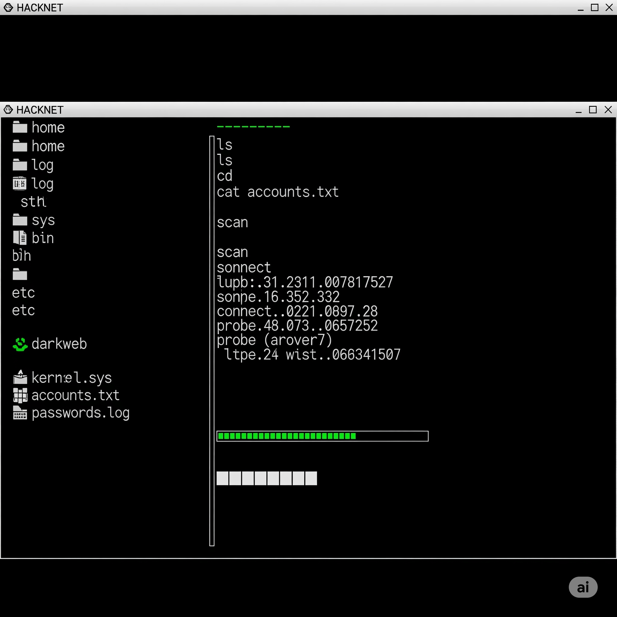 Интерфейс игры Hacknet с командной строкой и файловой системой