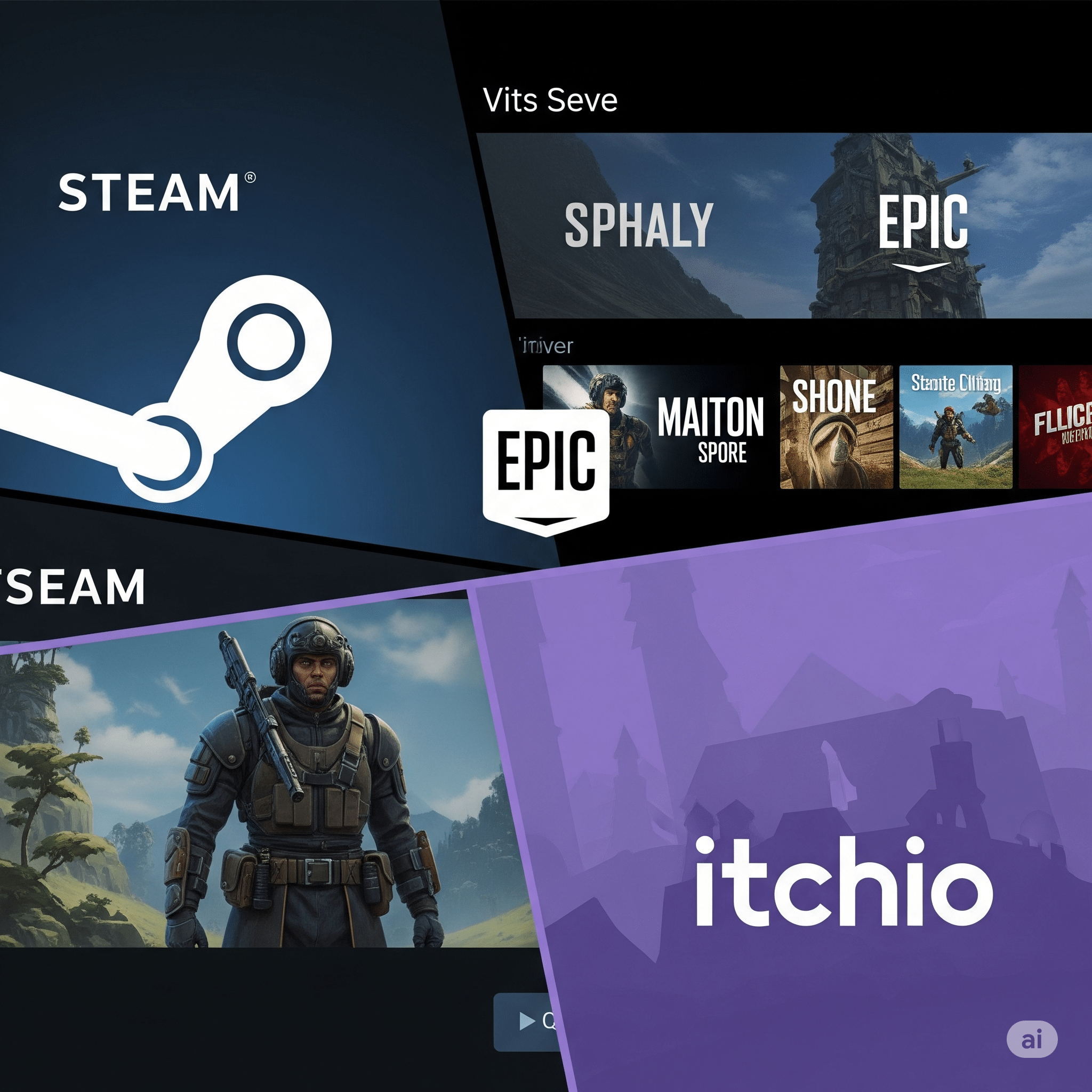 Интерфейсы популярных игровых платформ Steam, Epic и itch.io